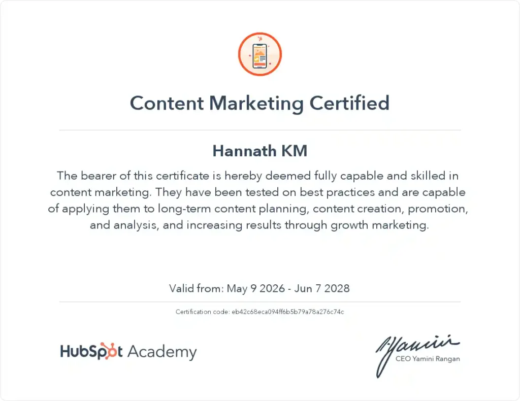 Hubspot certifcicate digital marketing consultant in thrissur
