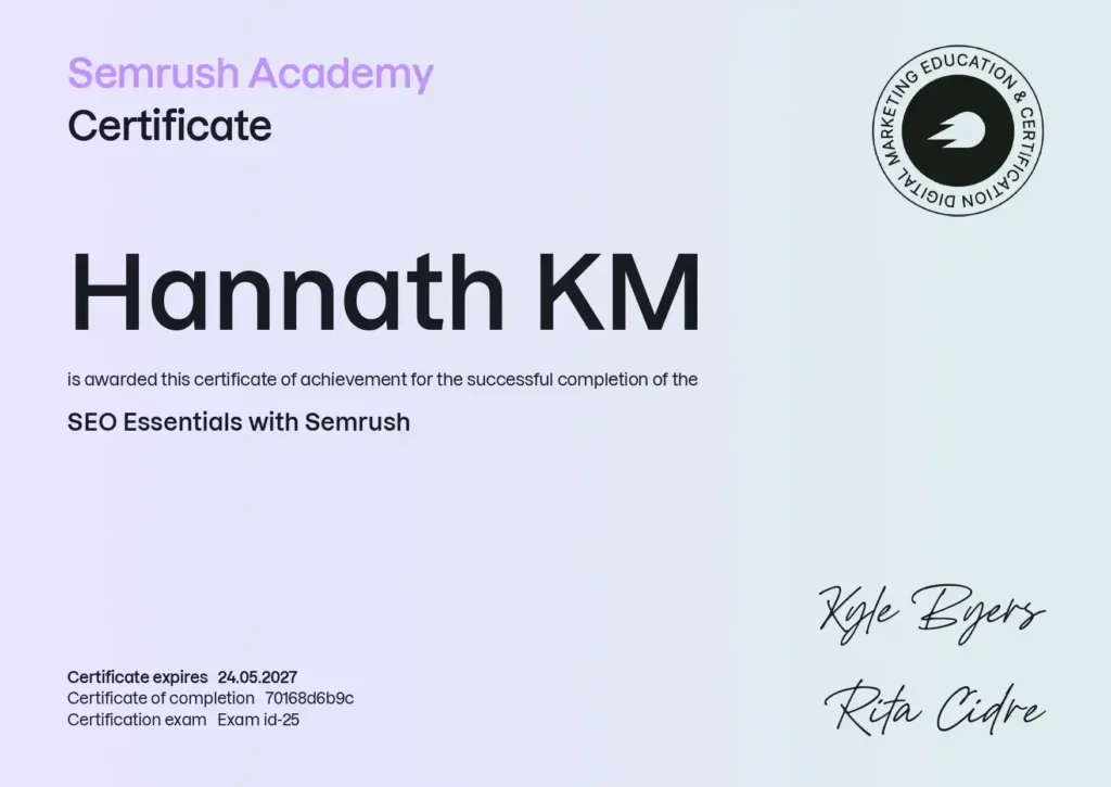 Semrush certificate digital marketing consultant in thrissur